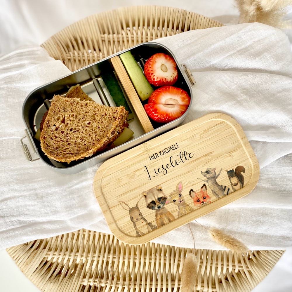 Lunchbox "Tiere" wählbar in Edelstahl mit Bambusdeckel und Namen für Kinder | Brotdose mit Tiermotiv | Personalisiertes Geschenk für Kinder