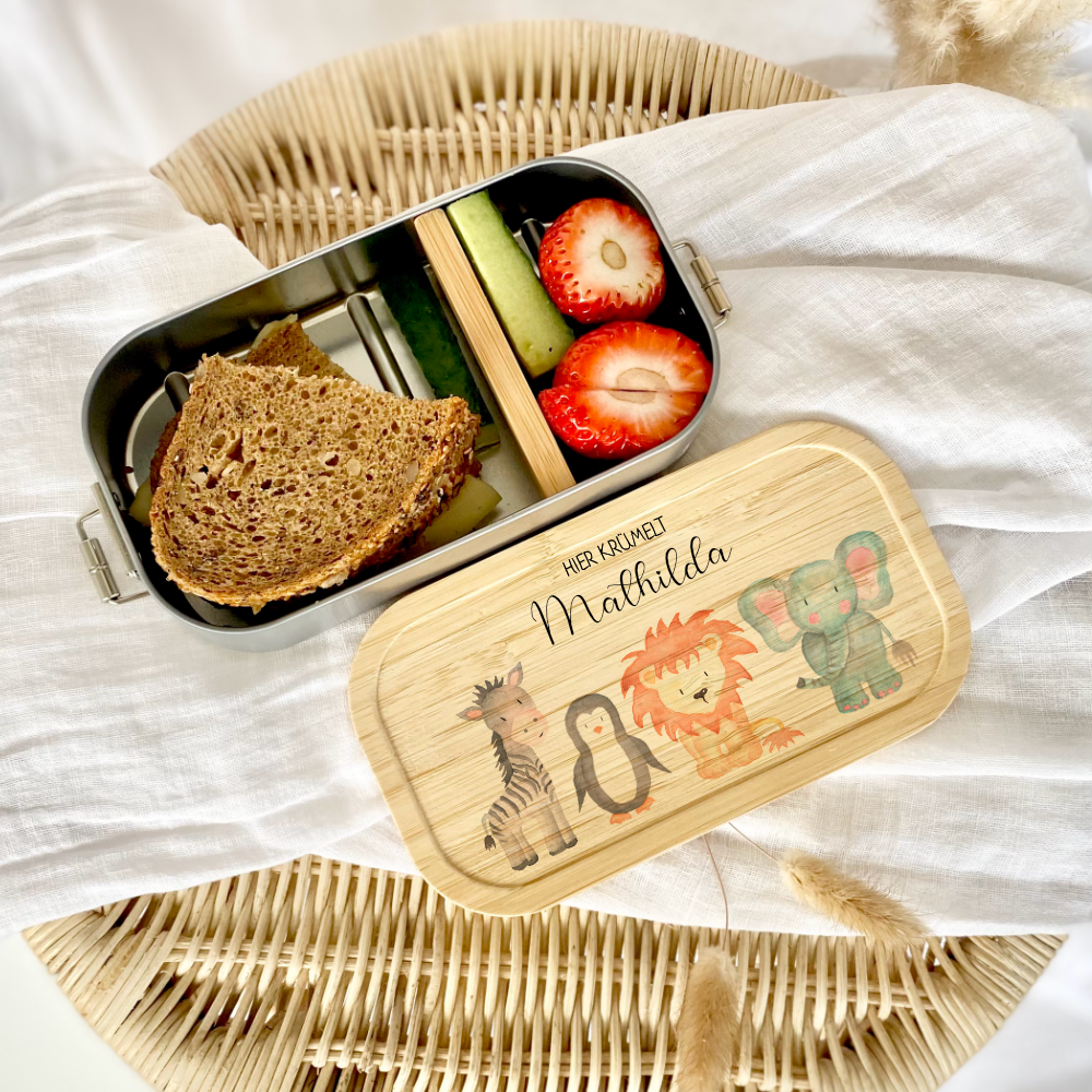 Lunchbox "Aquarell Tiere" wählbar in Edelstahl mit Bambusdeckel und Namen für Kinder | Brotdose mit Tiermotiv | Personalisiertes Geschenk für Kinder