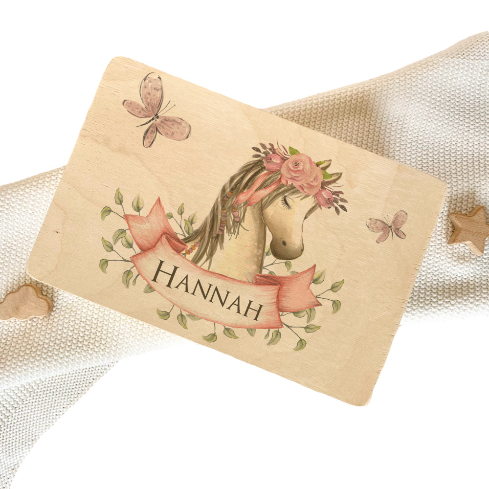 Personalisierte Erinnerungskiste "Pony" als Motiv für Babys zur Geburt und Taufe, Babygeschenk mit dem Namen, Holzkiste