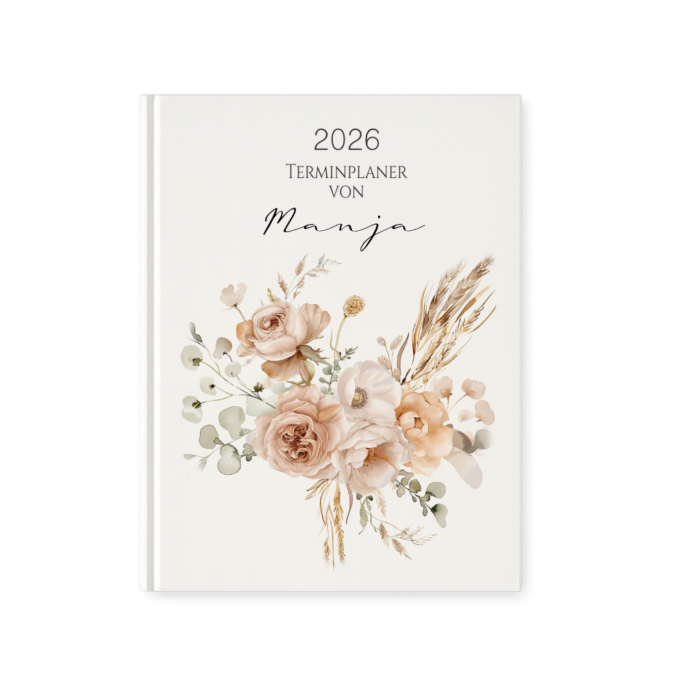 Personalisierter Terminplaner 2026 Din A5 | Hardcover Buchkalender mit Name | Florales & Boho Design