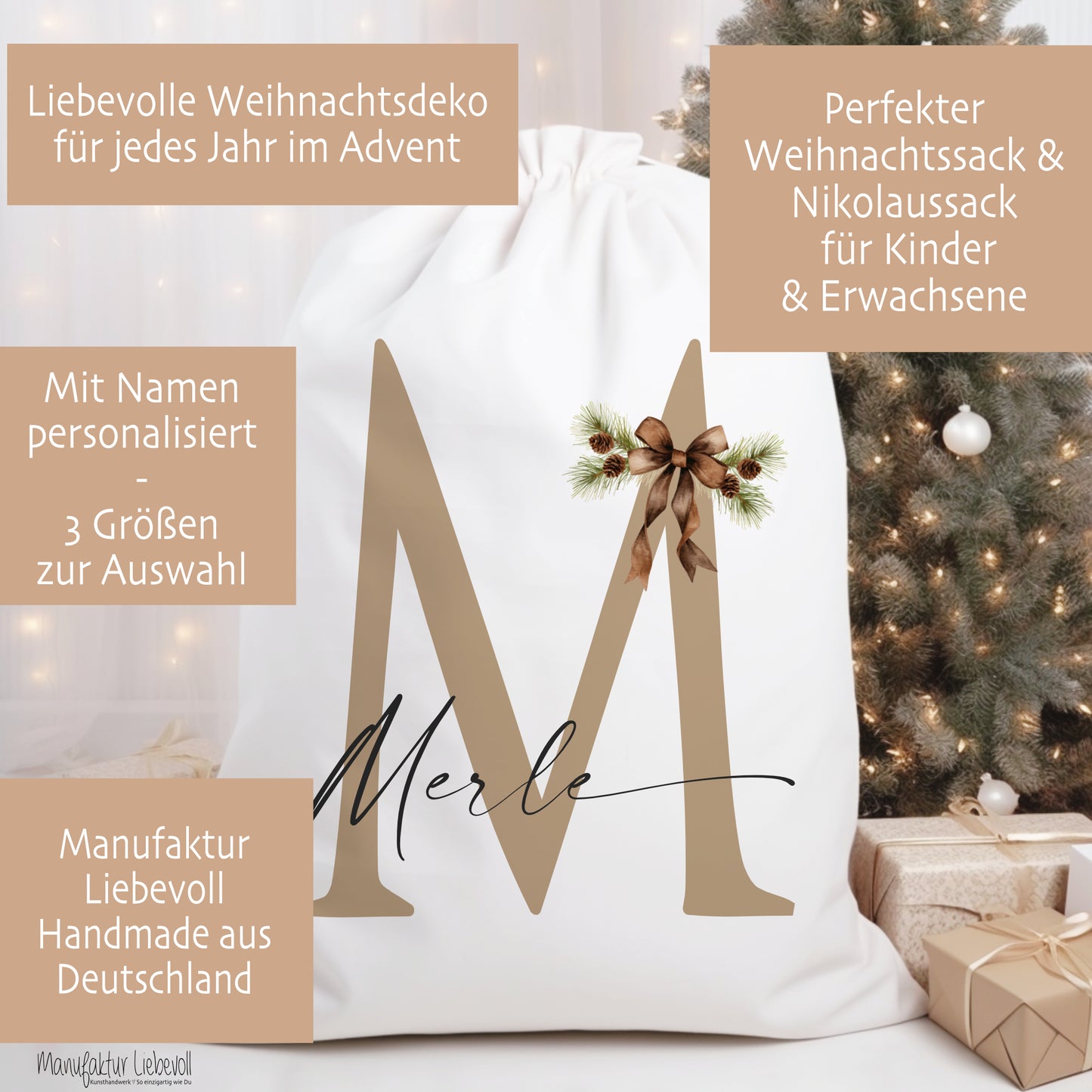 Weihnachtlicher Geschenkbeutel personalisiert mit dem Namen und Buchstaben Weihnachtssack