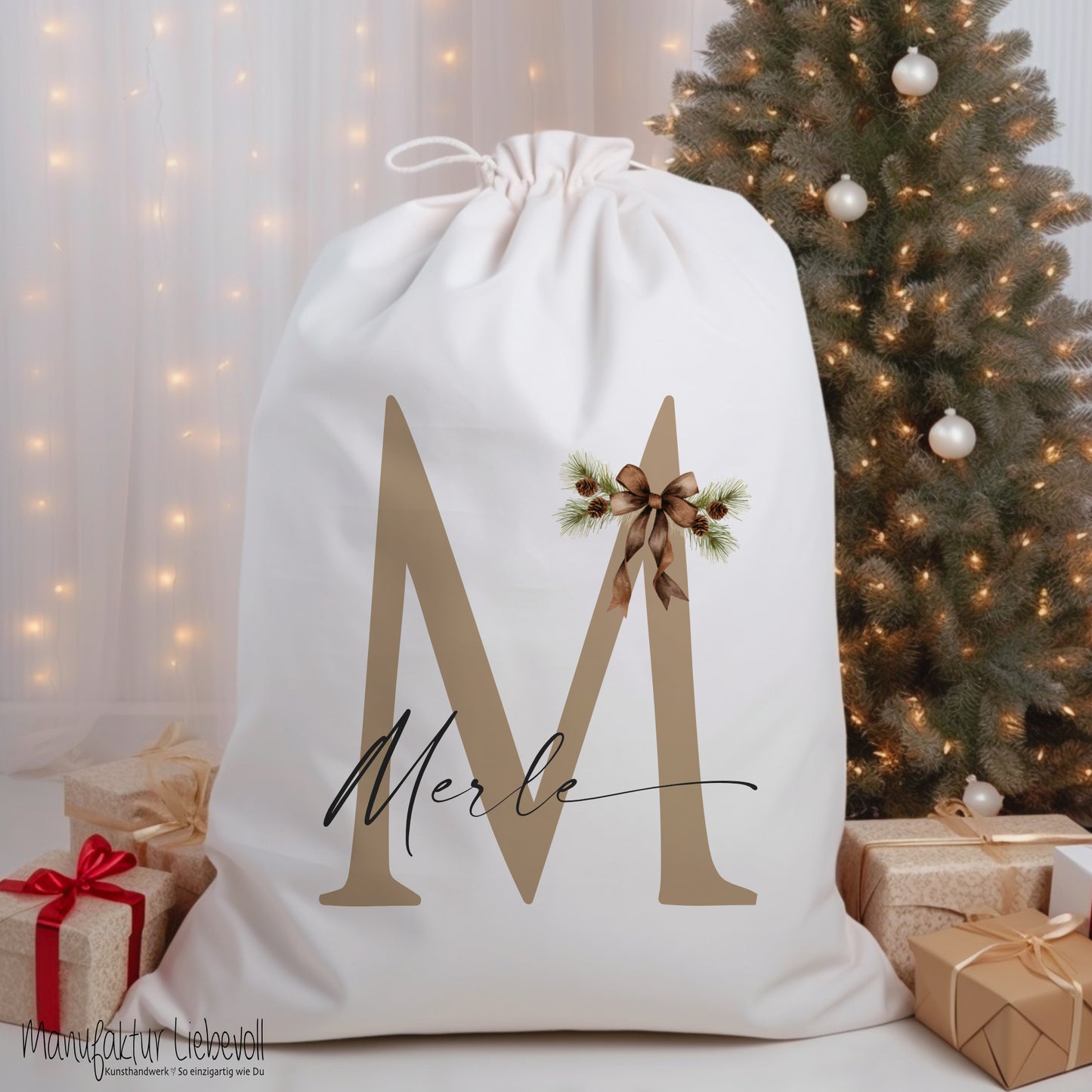 Weihnachtlicher Geschenkbeutel personalisiert mit dem Namen und Buchstaben Weihnachtssack