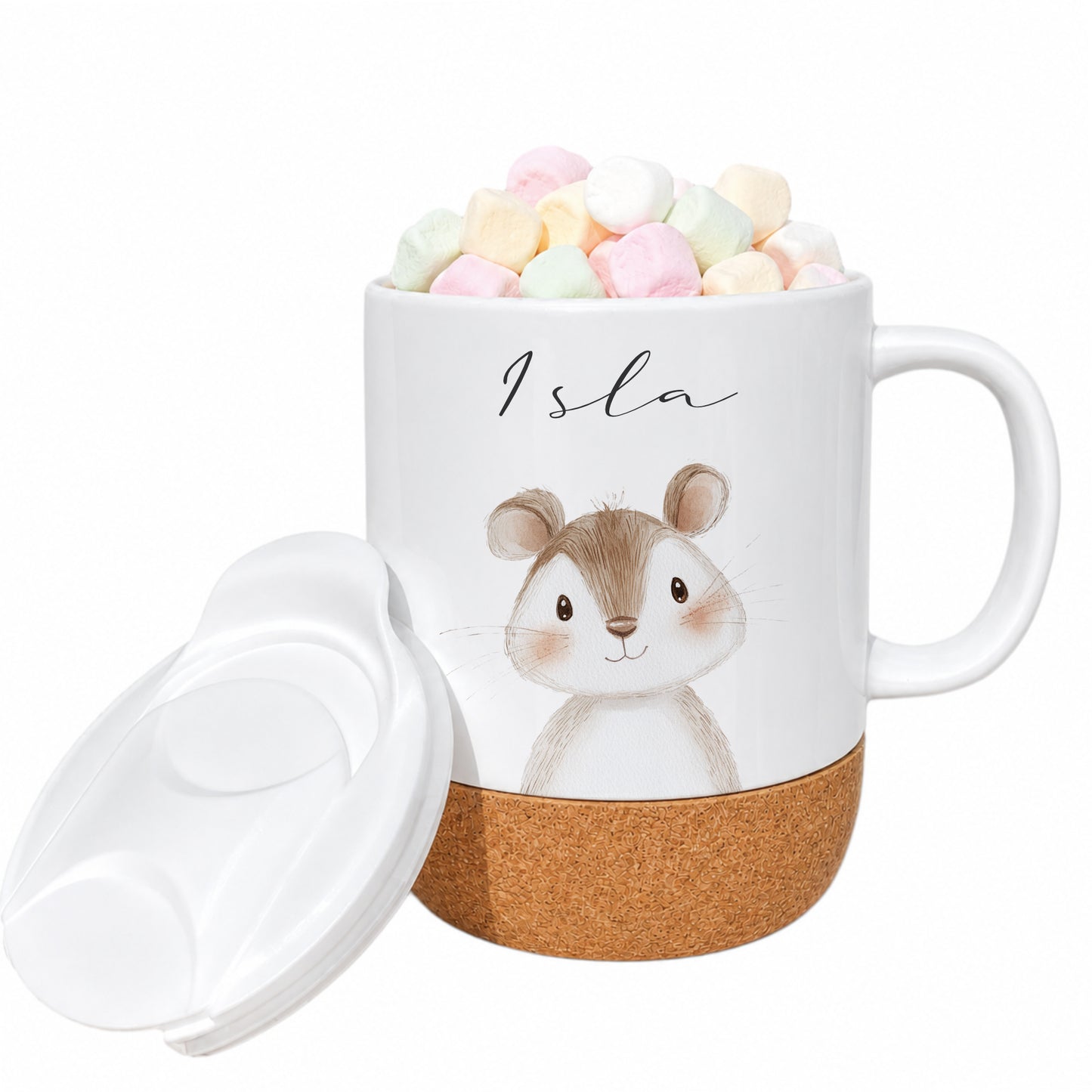 Personalisierte Kindertasse mit Name – Keramiktasse mit Korkboden & Deckel | 12 Tiermotive