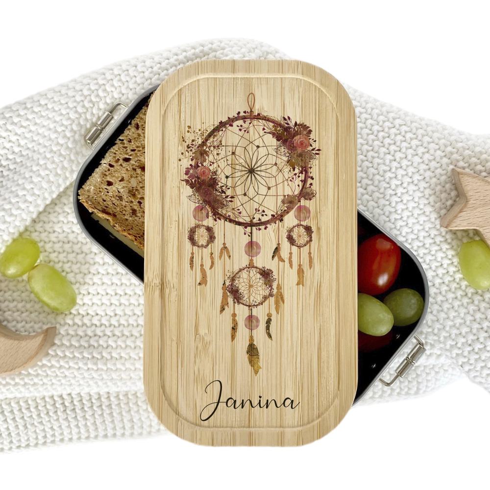 Brotdose "Traumfänger" mit Bambusdeckel und Namen für Frauen | Lunchbox mit Traumfänger | Wählbar in Edelstahl | Personalisierte Geschenkidee fürs Büro, Freizeit, Reisen, Achtsamkeit