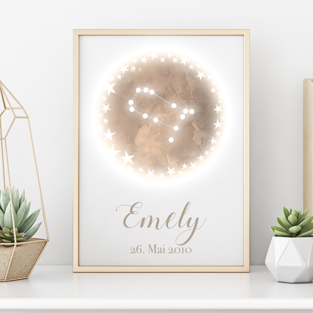 Originelles Geschenk zum Geburtstag | Personalisiertes Poster mit Sternzeichen, Namen und Geburtsdatum | Persönliches Geburtstagsgeschenk | 12 Sternzeichen zur Auswahl