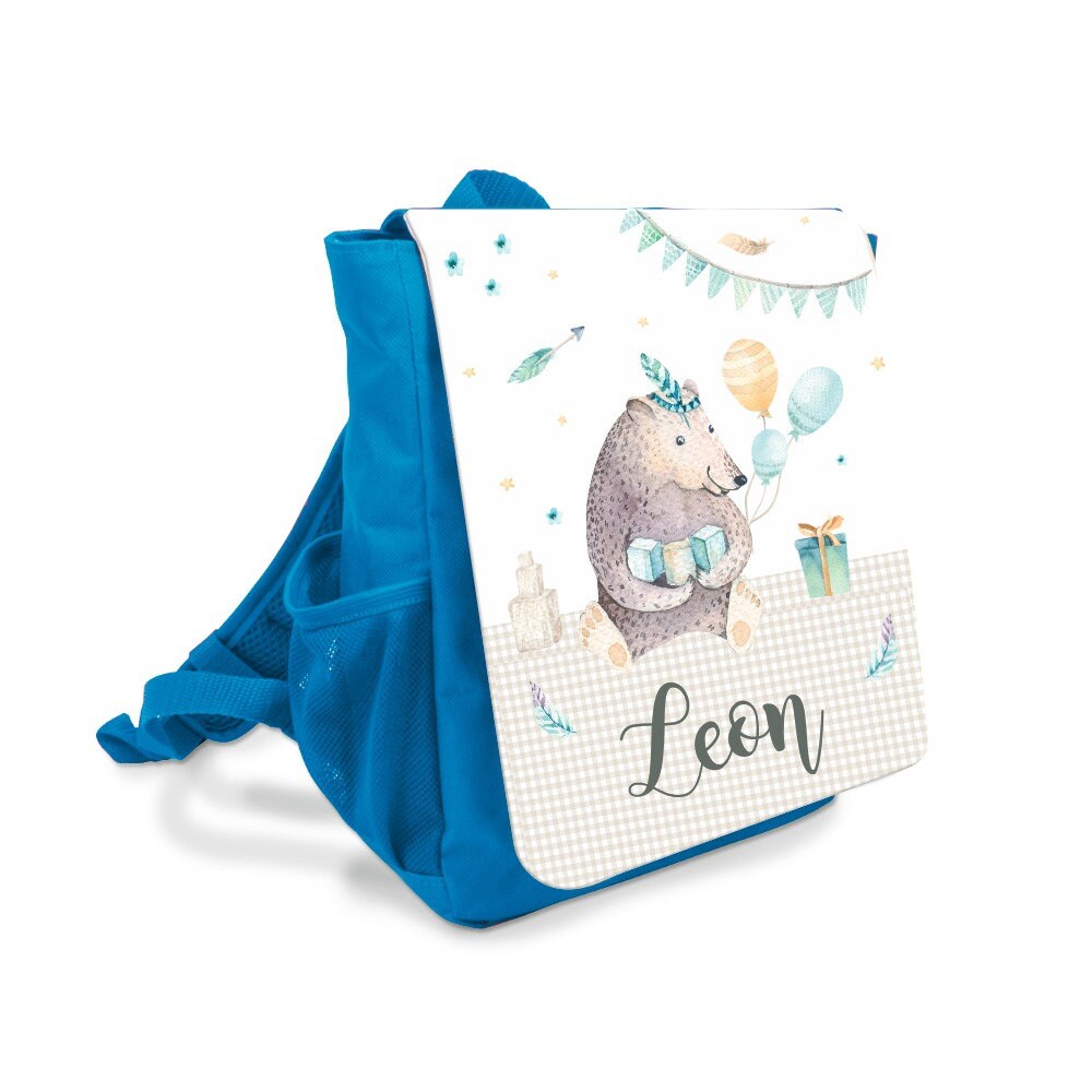 Origineller Rucksack für Kinder in Blau | Kinderrucksack mit dem Namen des Kindes personalisiert | Motiv: "Ein Bär feiert Geburtstag" | Perfektes und sinnvolles Geschenk für Kinder im Kindergartenalter