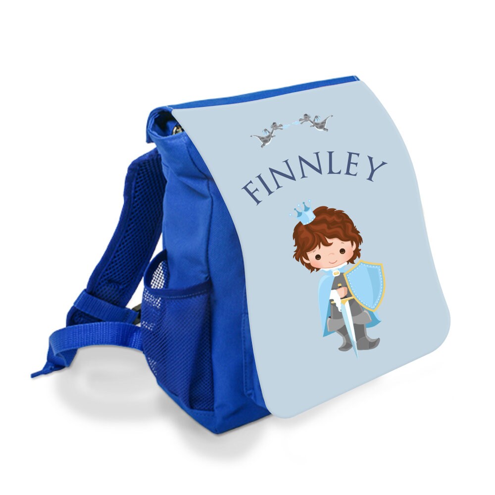Blauer Kinderrucksack für Jungen mit einem Ritter gestaltet | Personalisierter Rucksack für Jungen im Alter von 2-5 Jahre