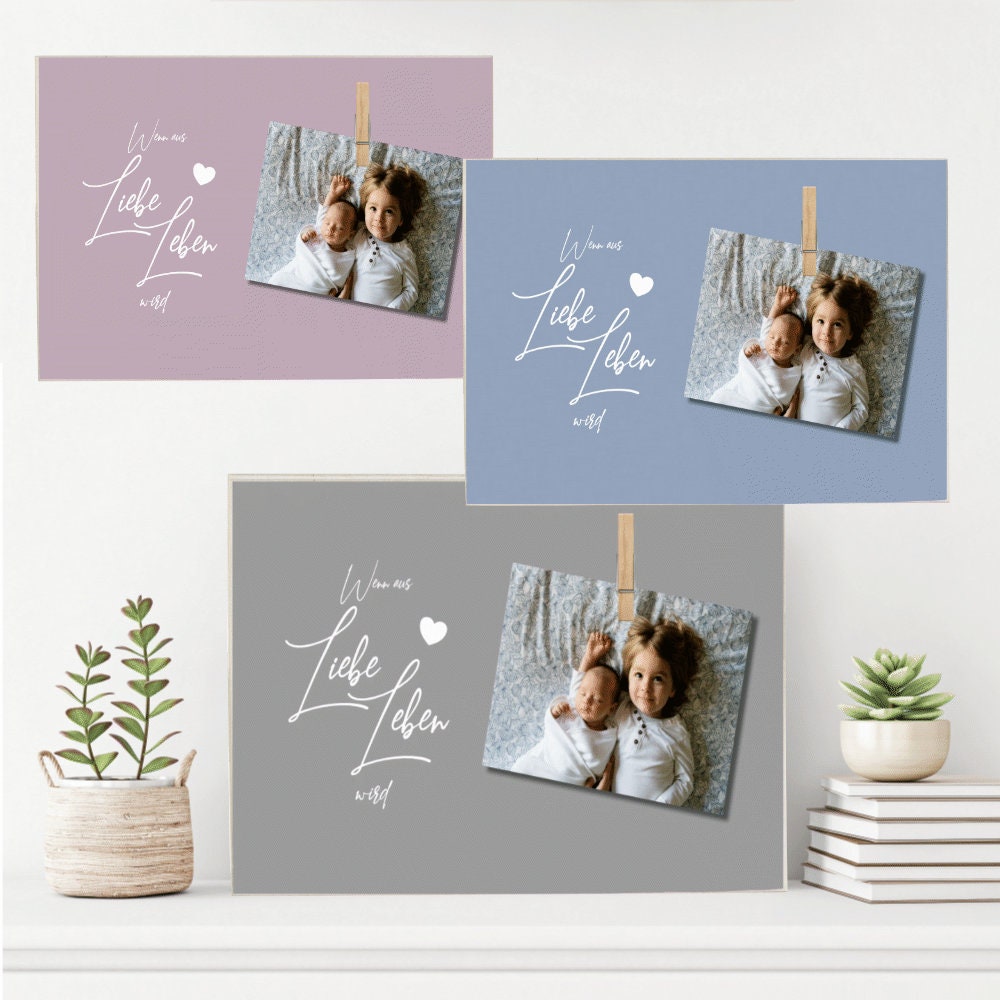 Tolles Fotogeschenk aus Holz für werdende Eltern | Holzbild mit Spruch "Wenn aus Liebe Leben wird“ | Memoboard mit Holzklammer zum selbstständigen Befestigen eines Fotos oder des Ultraschallbildes | 3 Farbvarianten zur Auswahl