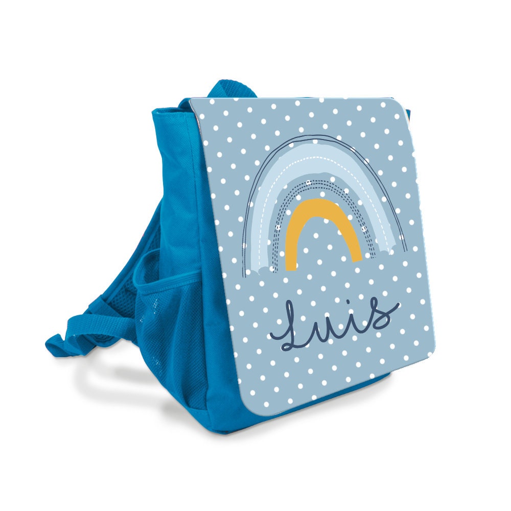 Schöner Rucksack für Kinder mit einem Regenbogen gestaltet | Personalisierter Kinderrucksack in Blau und Pink für Jungen u. Mädchen | Perfektes Geschenk für Kindergartenkinder im Alter von 2-5 Jahre | 2 Farbvarianten zur Auswahl
