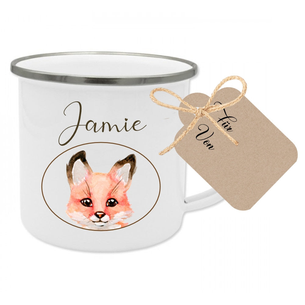 Kindertasse "Hase" mit Namen des Kindes | Trinkbecher aus Emaille für Mädchen u. Jungen | Niedliche Tasse mit Geschenkanhänger | 5 Motivvarianten zur Auswahl