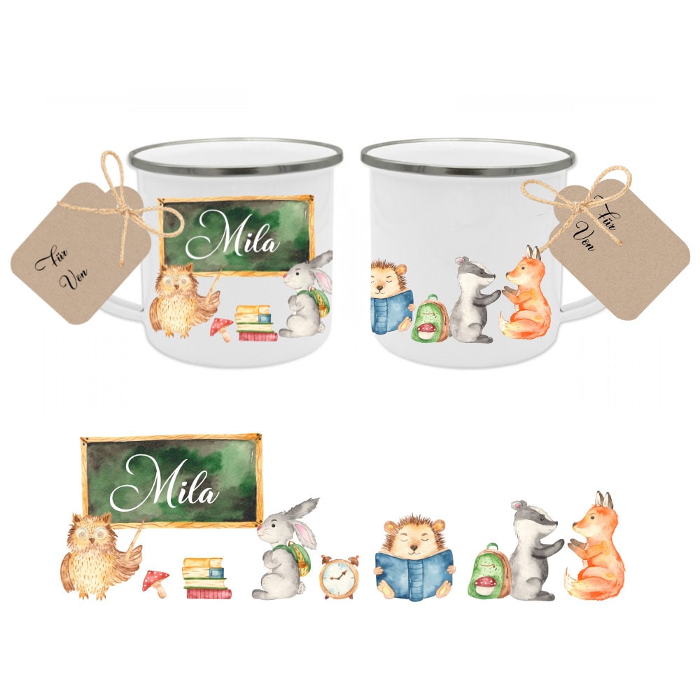 Tasse zur Einschulung mit dem Namen des Schulkindes | Niedliche Waldtiere mit Schultafel und Name des Kindes | Inkl. Geschenkanhänger zum Schulanfang