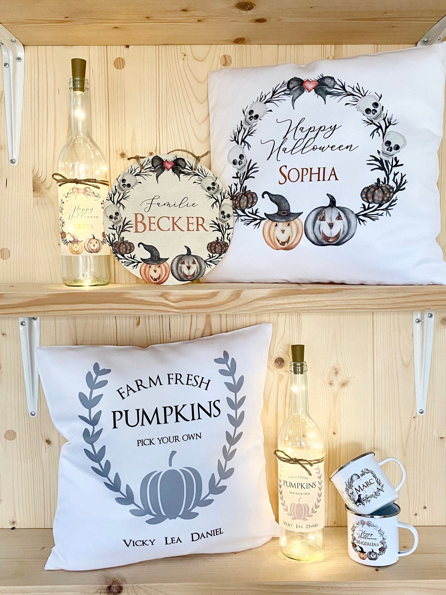 Flaschenlicht mit Namen "Happy Halloween" | Gruseliges Geschenk zu Halloween u. originelle Dekoration | 4 Produktvarianten zur Auswahl