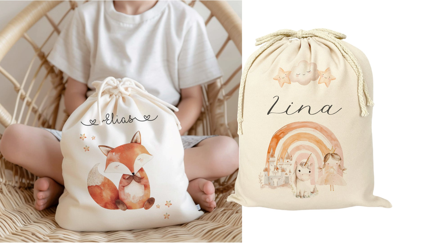Kinderbeutel aus Stoff und Rucksäcke, personalisiert mit dem Namen des Kindes.