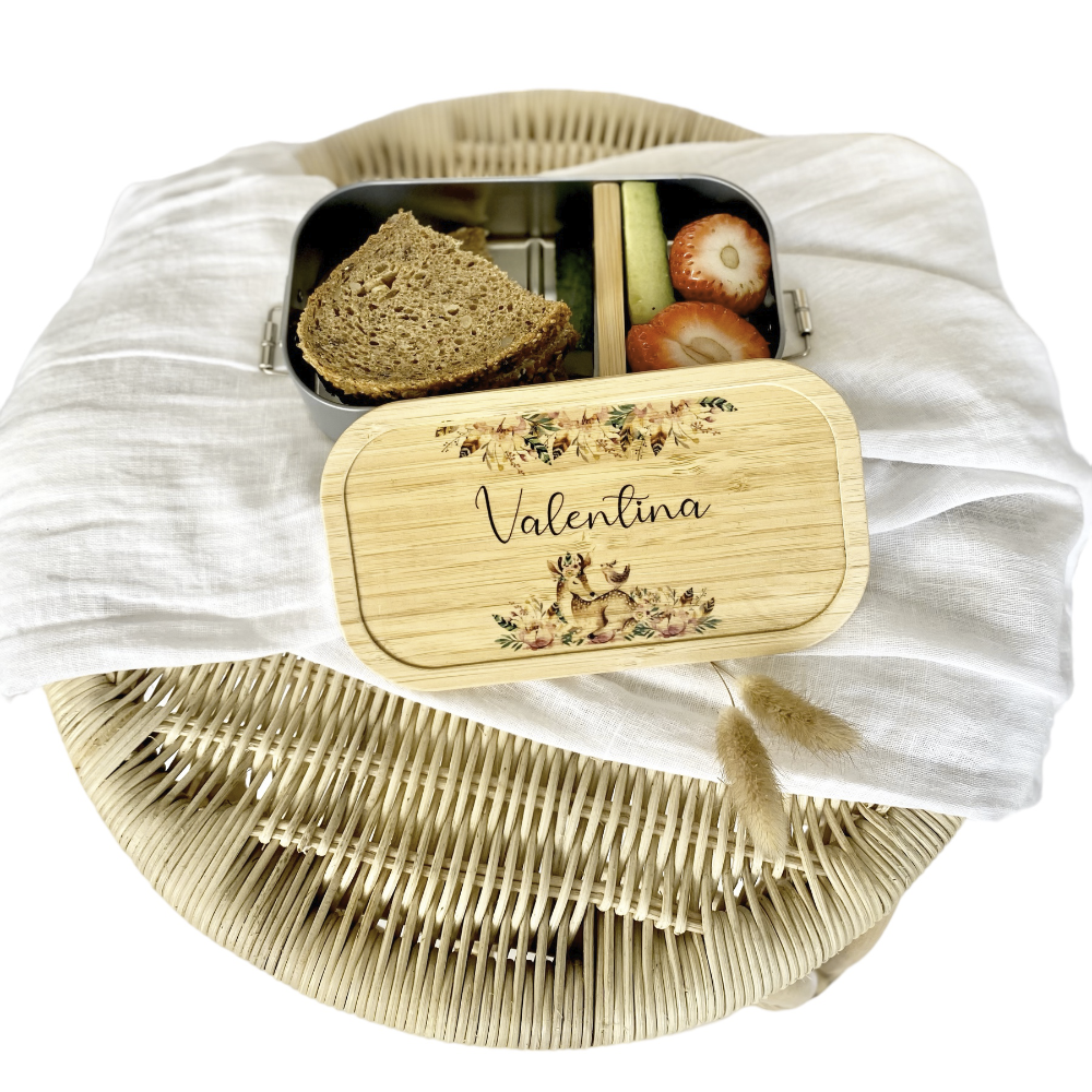 Nachhaltige Brotdose mit Bambus und Namen - Rehkitz | Wählbar in Edelstahl | Personalisiertes Geschenk für Mädchen