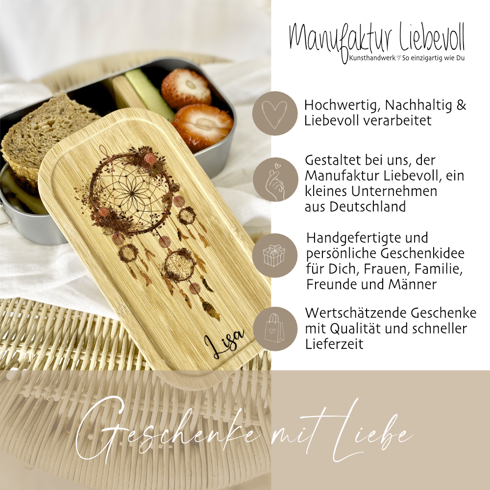 Brotdose "Traumfänger" mit Bambusdeckel und Namen für Frauen | Lunchbox mit Traumfänger | Wählbar in Edelstahl | Personalisierte Geschenkidee fürs Büro, Freizeit, Reisen, Achtsamkeit