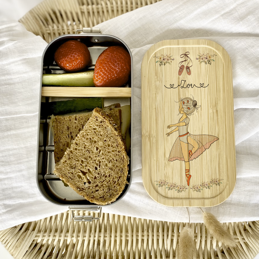 Brotdose mit Namen für Mädchen und Jungen | Lunchbox mit Motiv "Ballerina" | Wählbar in Edelstahl | Personalisiertes Geschenk zum Thema Ballett