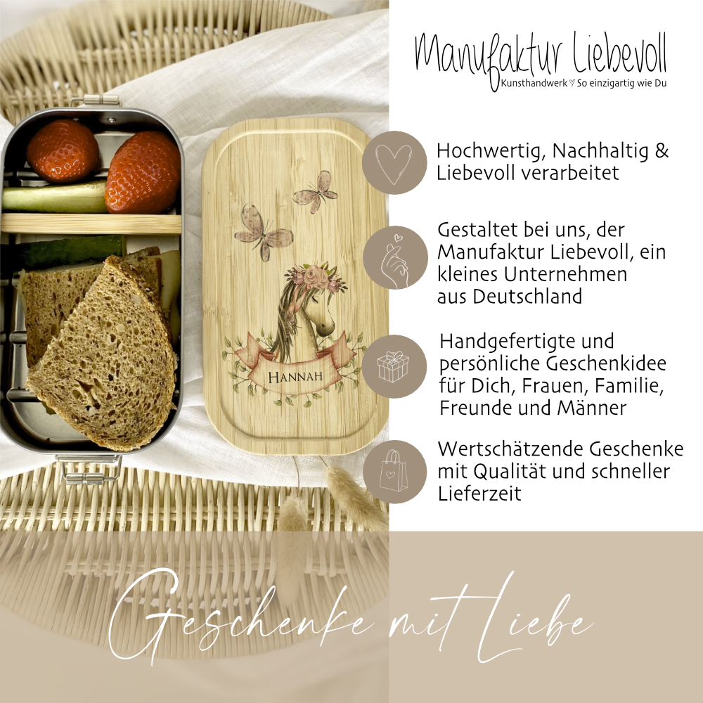 Brotdose "Pony" mit Namen und Bambusdeckel für Mädchen und Jungen | Wählbar in Edelstahl  Lunchbox mit Pferd | Personalisierte Geschenkidee für Kinder