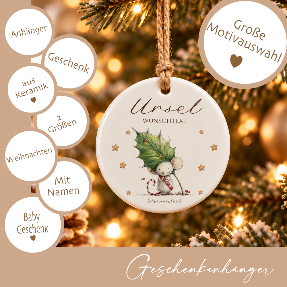 Weihnachtsanhänger aus Keramik personalisiert mit Namen – 4 Mäusemotive