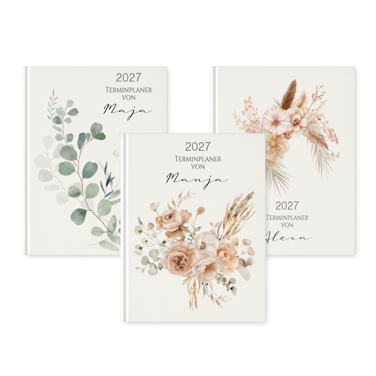 Personalisierter Terminplaner 2027 Din A5 | Hardcover Buchkalender mit Name | Florales & Boho Design