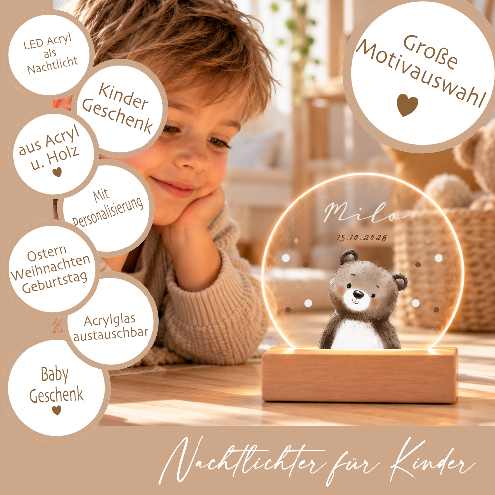 Nachtlicht personalisiert mit Namen & Tiermotiv – LED optional