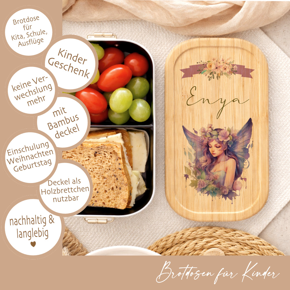 Brotdose "Fee" wählbar in Edelstahl mit Bambusdeckel und Namen für Mädchen | Brotbox Elfe | Personalisiertes Geschenk für Kinder