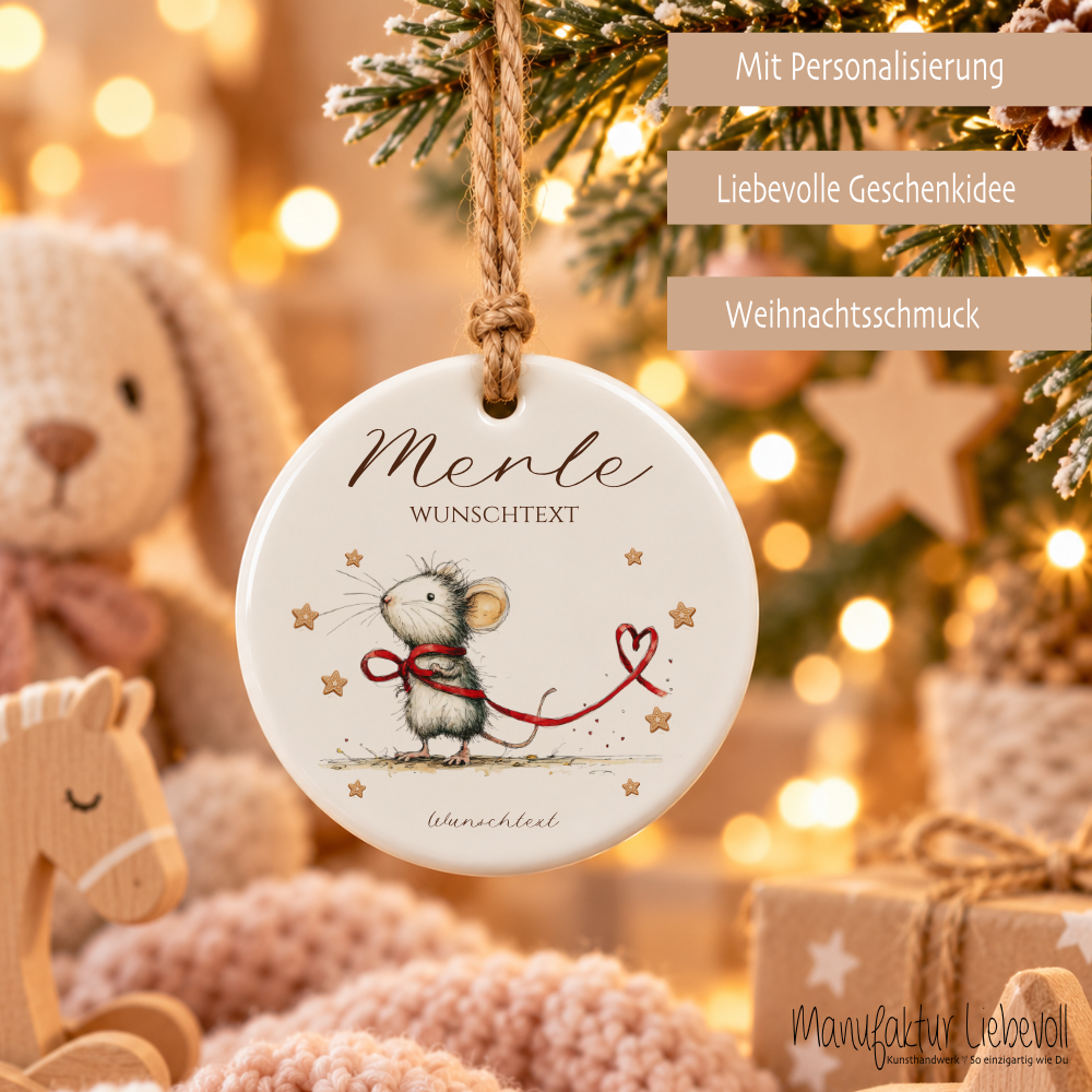Weihnachtsanhänger aus Keramik personalisiert mit Namen – 4 Mäusemotive