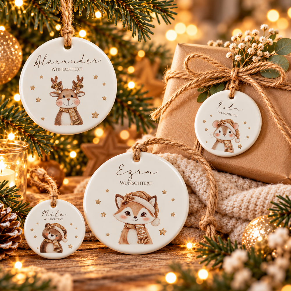 Weihnachtsanhänger aus Keramik personalisiert mit Namen – 6 Tiermotive