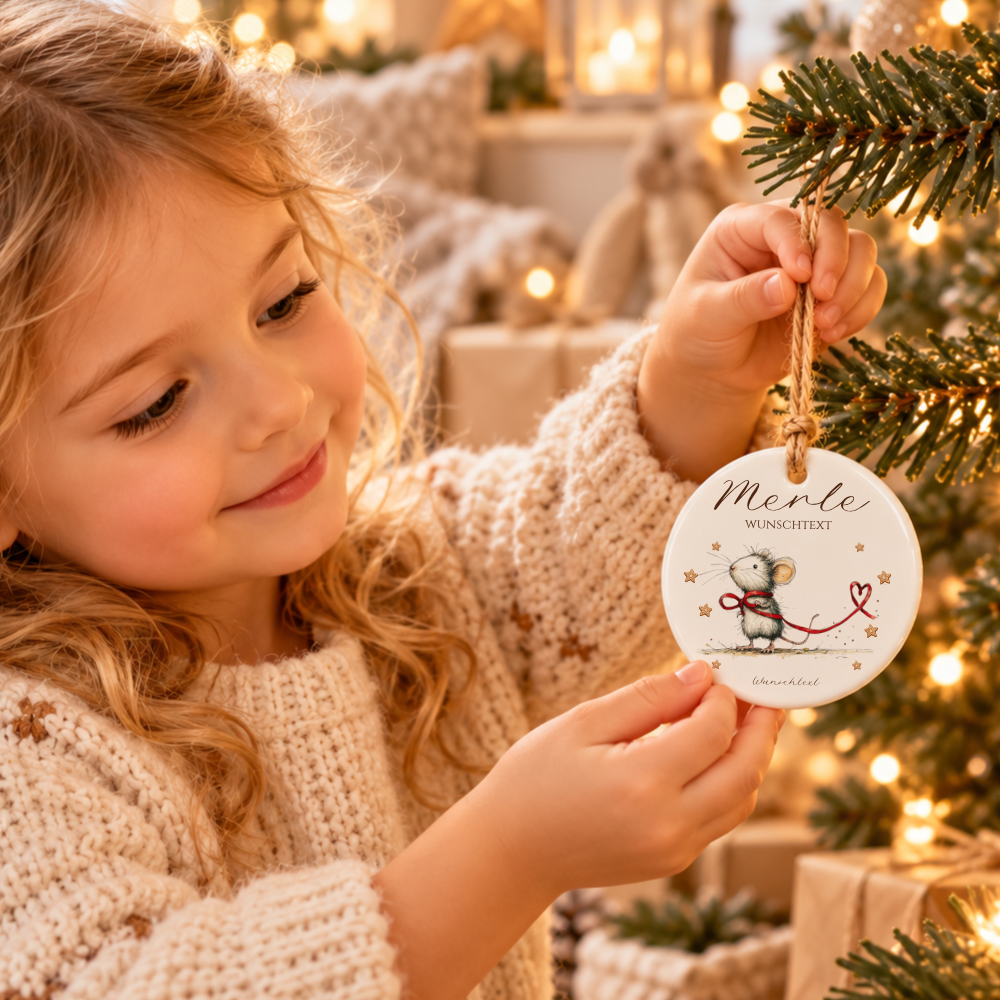 Weihnachtsanhänger aus Keramik personalisiert mit Namen – 4 Mäusemotive