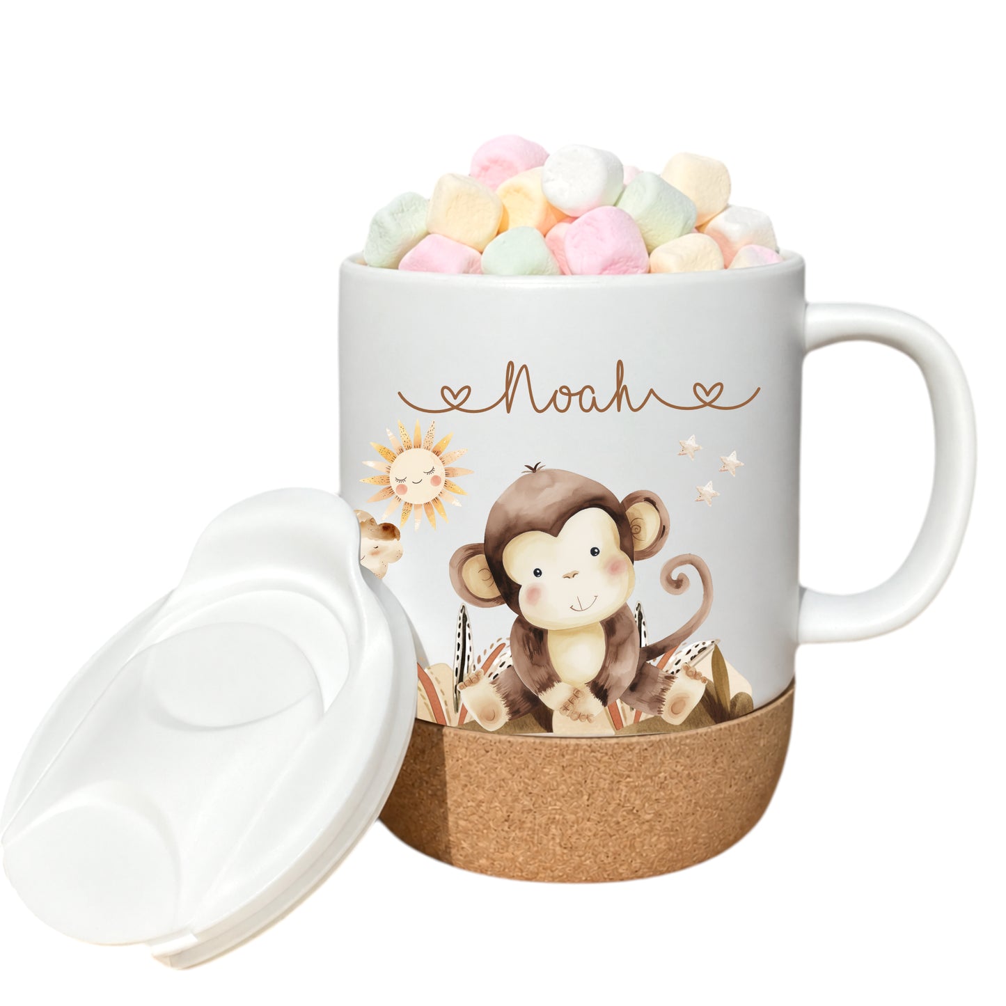 Personalisierte Kindertasse mit Namen – Keramiktasse mit Korkboden & Deckel | 14 Motive zur Auswahl