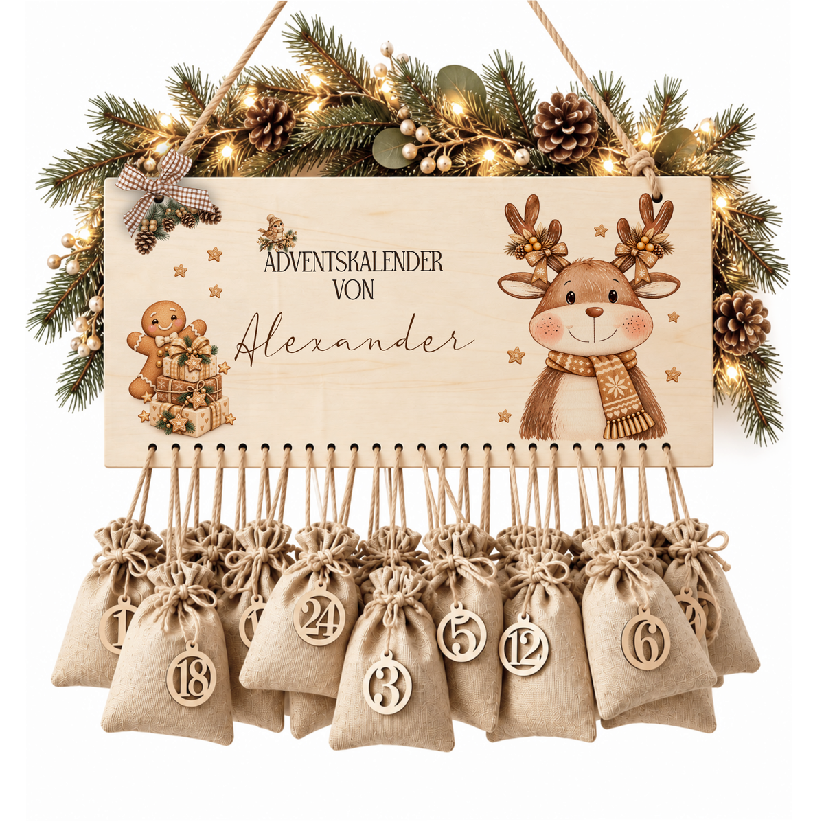 Personalisierter Adventskalender aus Holz mit Namen – 6 Tiermotive