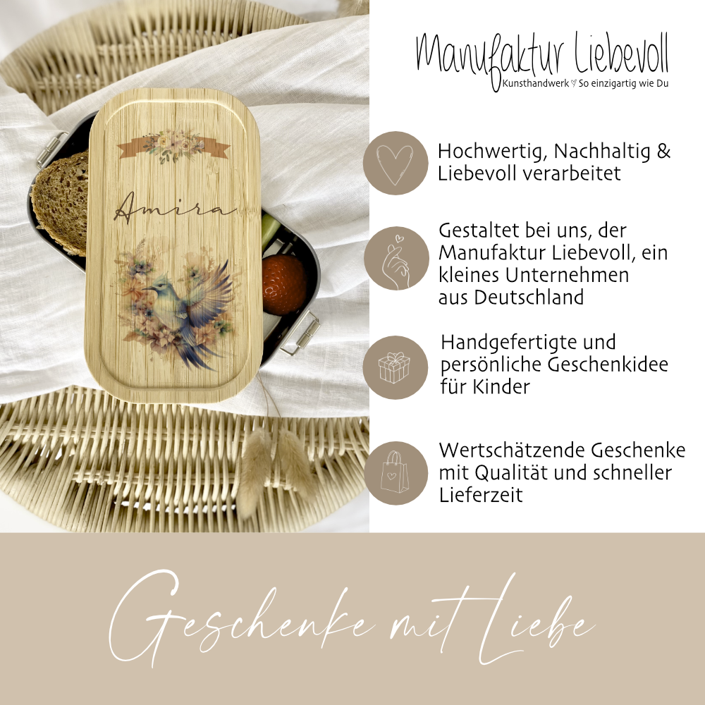 Geschenkidee für Mädchen Brotdose mit Vogel Motiv als Geschenkidee