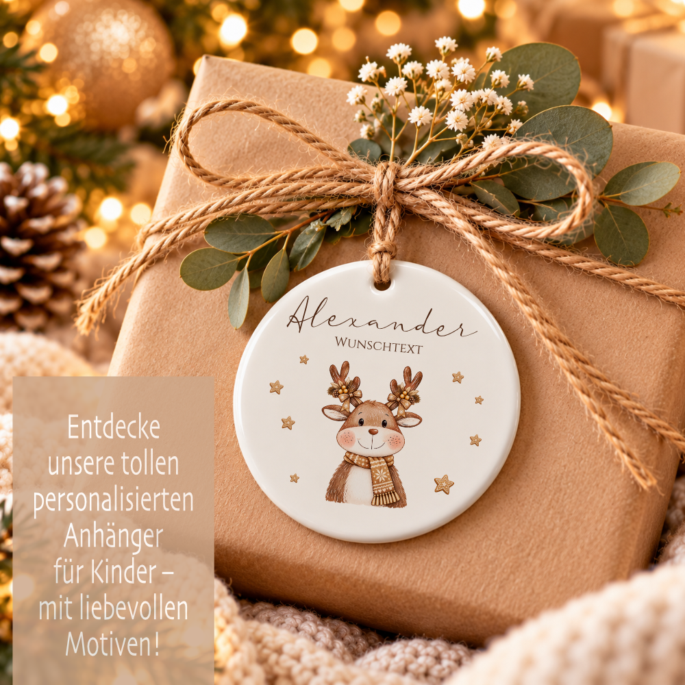 Weihnachtsanhänger aus Keramik personalisiert mit Namen – 6 Tiermotive