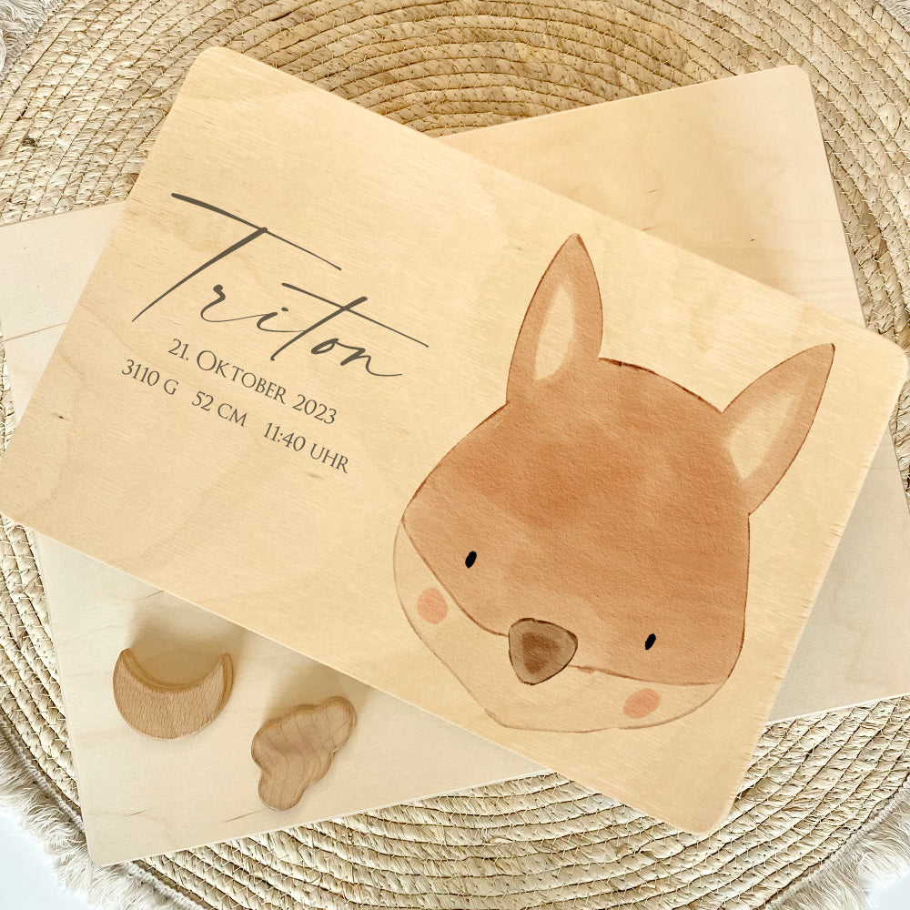 Personalisierte Erinnerungskiste für Babys, Holzbox mit Deckel, Namen u. Geburtsdaten | Motiv: Fuchs