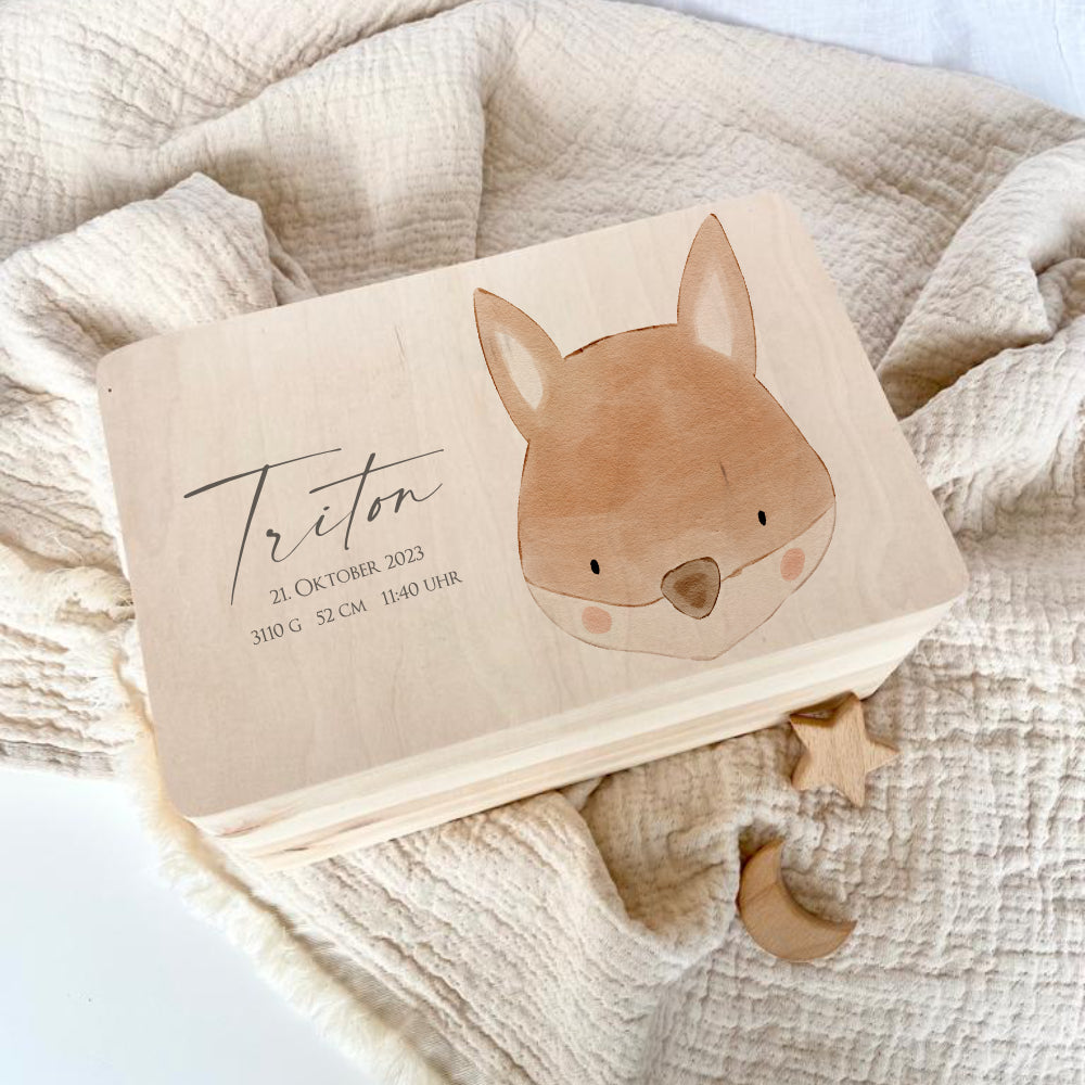 Personalisierte Erinnerungskiste für Babys, Holzbox mit Deckel, Namen u. Geburtsdaten | Motiv: Fuchs