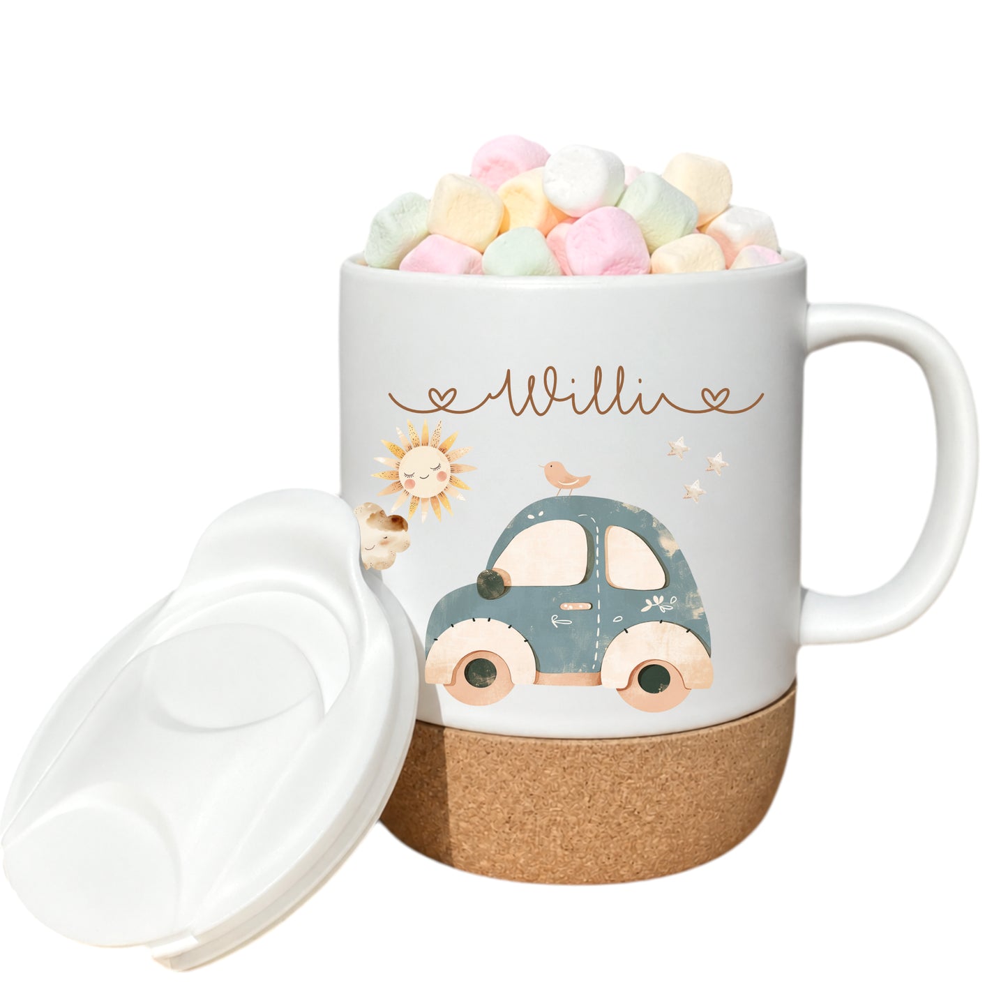 Personalisierte Kindertasse mit Namen – Keramiktasse mit Korkboden & Deckel | 14 Motive zur Auswahl