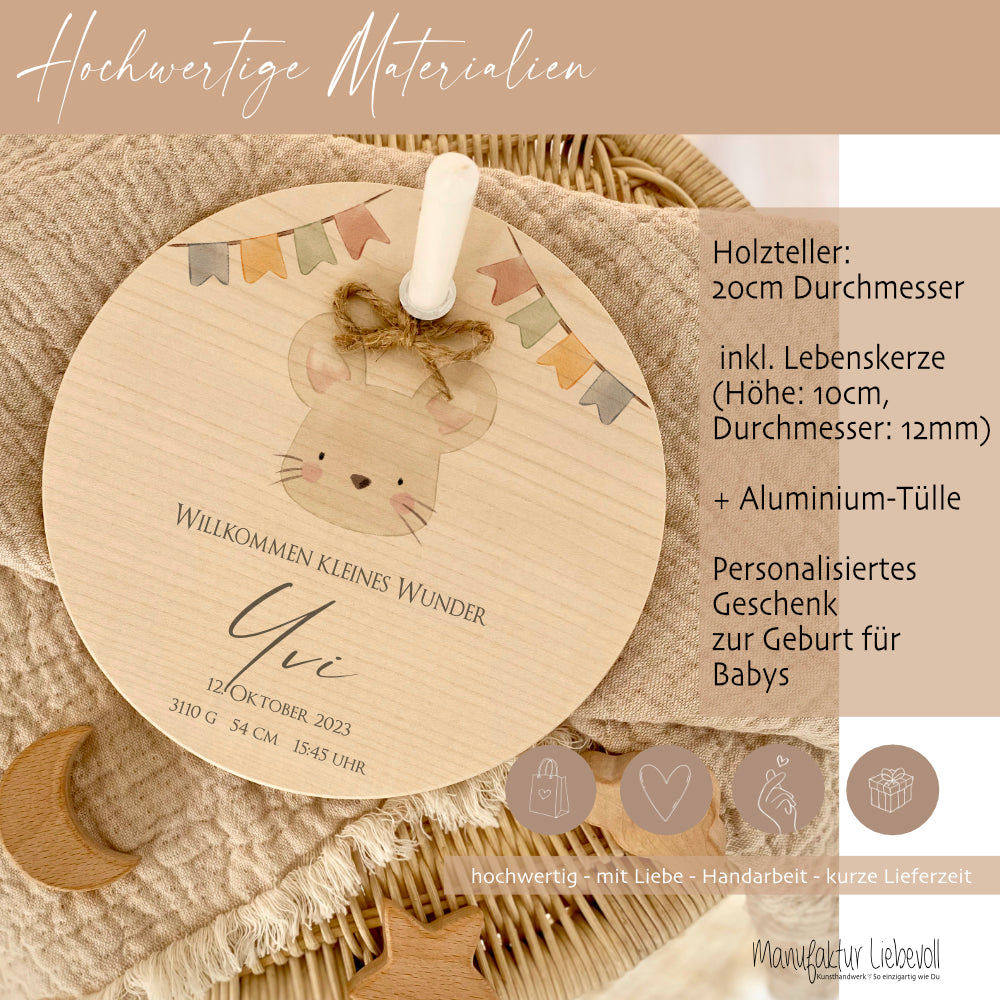 Babygeschenk zur Geburt, Personalisierter Kerzenteller mit Name des Babys u. Geburtsdaten, Motiv: Maus