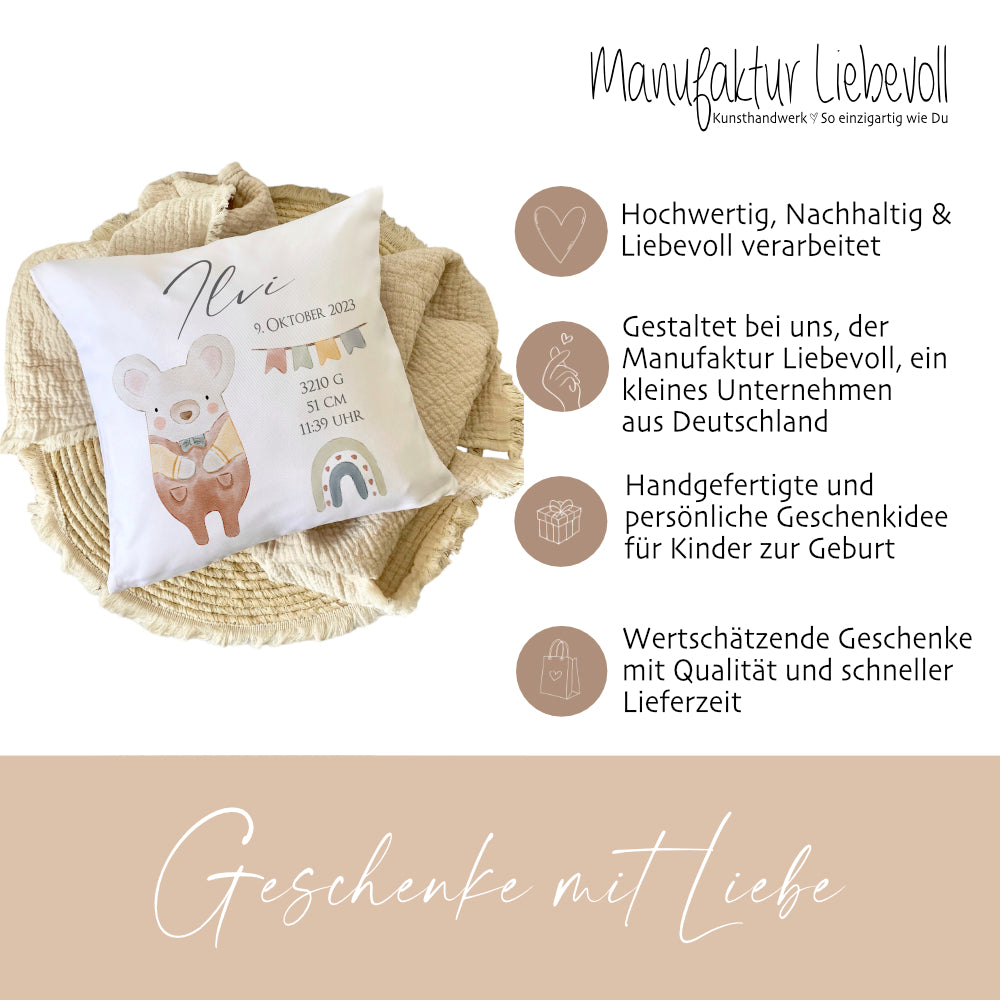 Personalisiertes Kissen für Babys mit Geburtsdaten, Motiv: Maus