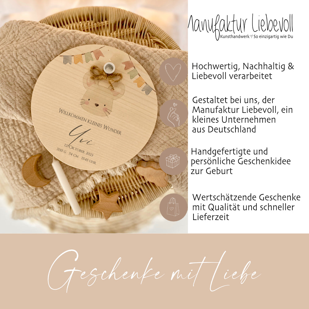 Babygeschenk zur Geburt, Personalisierter Kerzenteller mit Name des Babys u. Geburtsdaten, Motiv: Maus