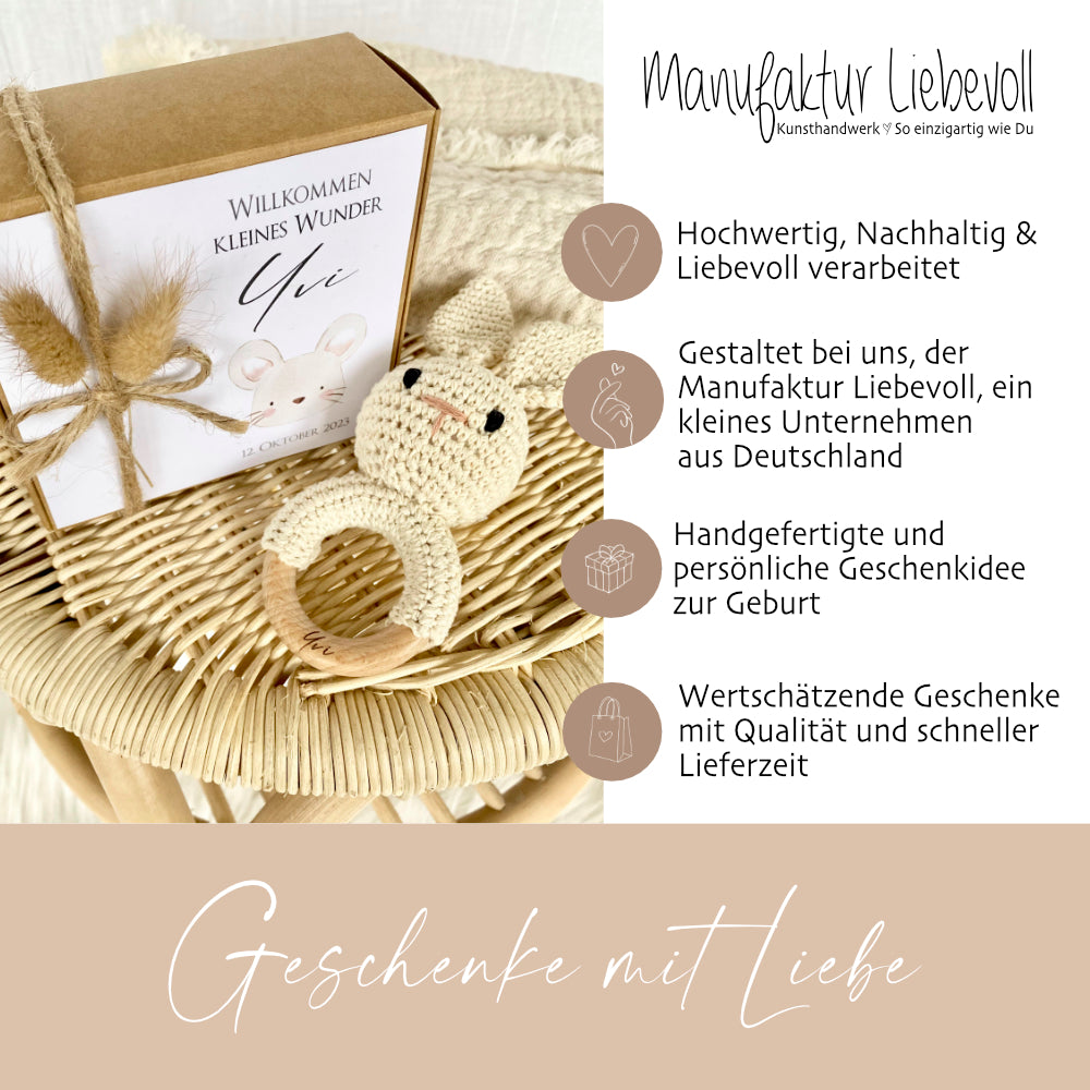 Geschenkset für Babys zur Geburt, Personalisierte Rassel mit Geschenkschachtel, Motiv: Maus