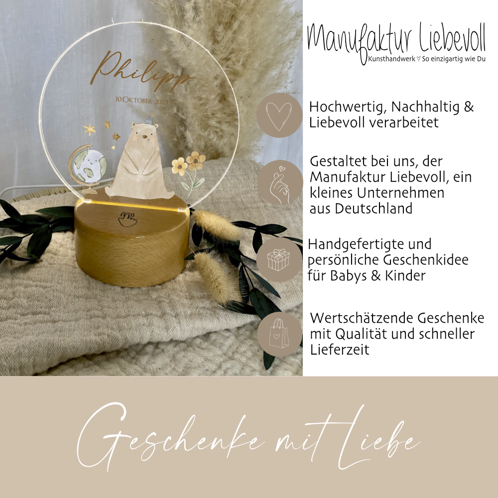 LED Lampe mit Namen des Kindes | Personalisierte Baby Nachttischlampe in Rund aus Holz und Acryl I Geschenk zur Geburt & Taufe Mädchen & Jungen