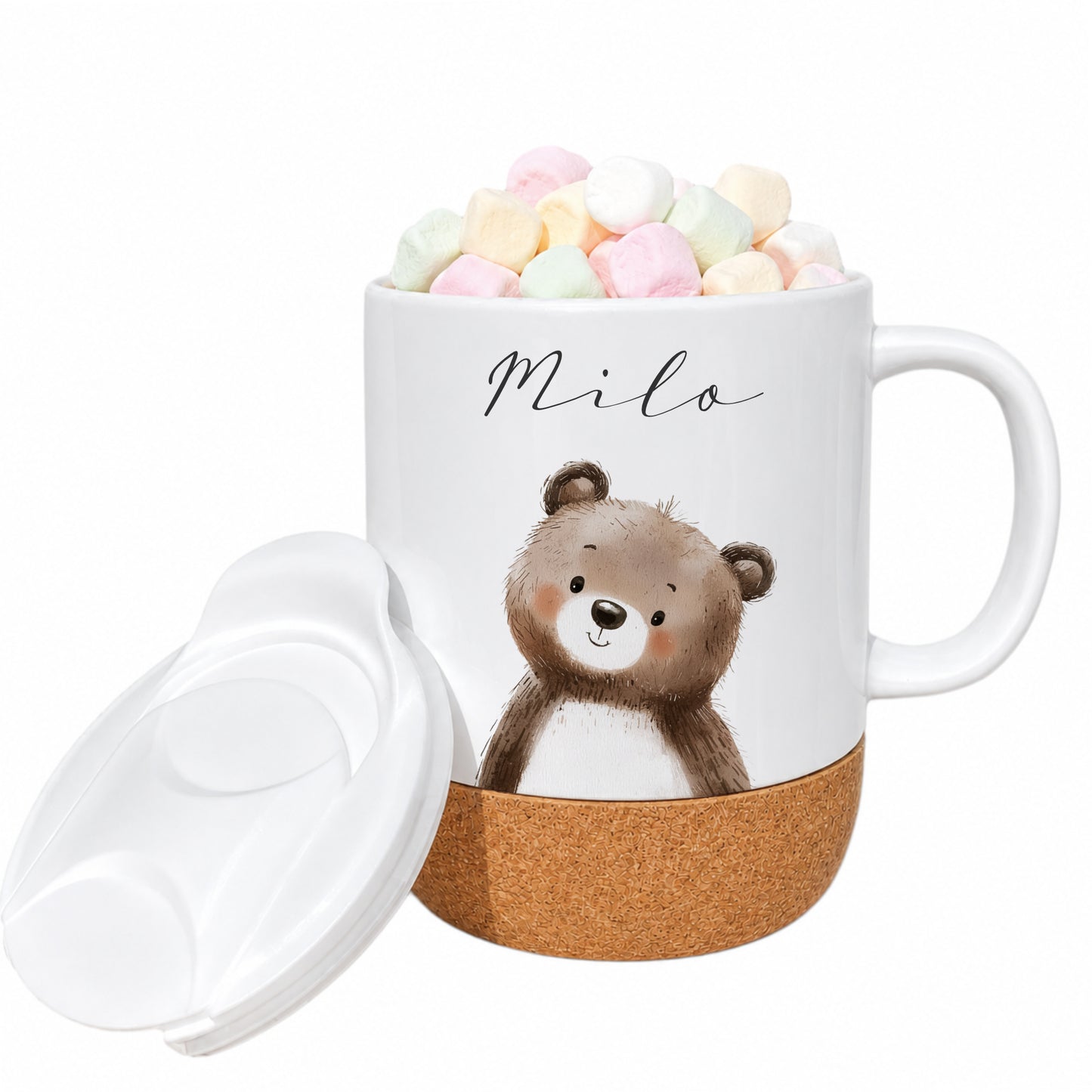 Personalisierte Kindertasse mit Name – Keramiktasse mit Korkboden & Deckel | 12 Tiermotive