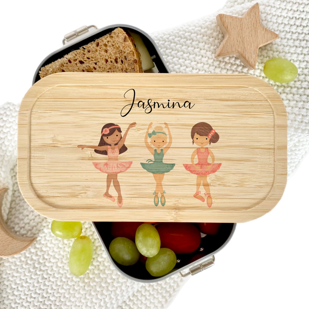 Brotdose "Ballett" wählbar in Edelstahl mit Bambusdeckel und Namen für Kinder | Lunchbox "Ballerina" | Personalisiertes Geschenk für Kinder