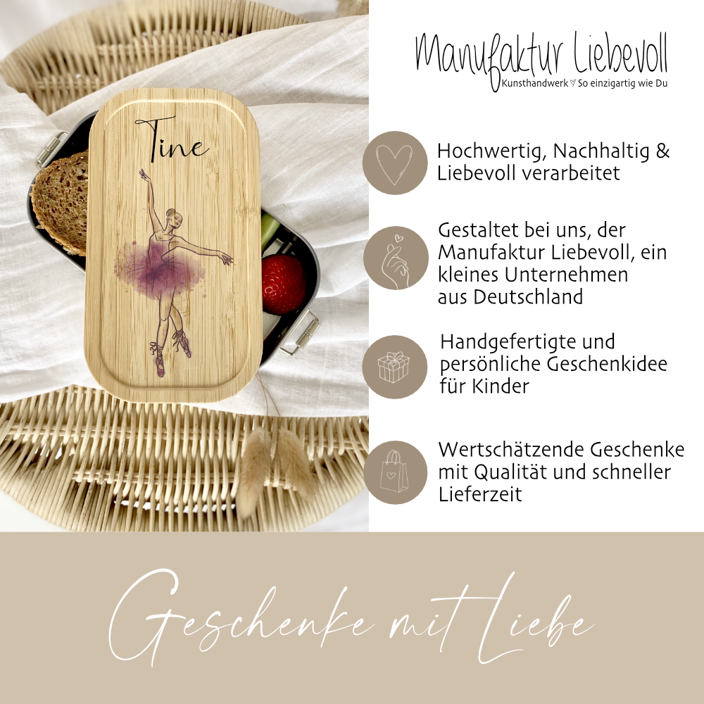 Brotdose "Ballerina" wählbar in Edelstahl mit Bambusdeckel und Namen für Kinder | Lunchbox "Ballett" | Personalisiertes Geschenk für Kinder