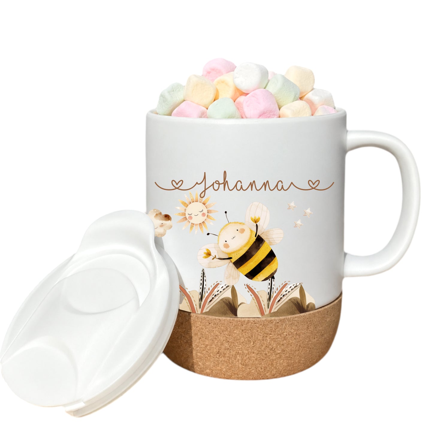 Personalisierte Kindertasse mit Namen – Keramiktasse mit Korkboden & Deckel | 14 Motive zur Auswahl