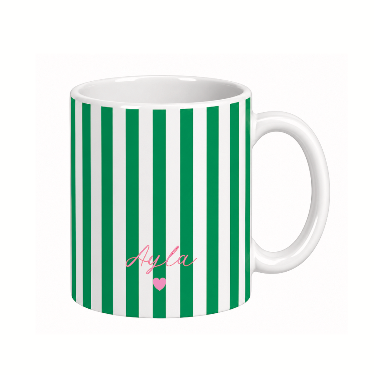 Personalisierte Keramiktasse mit Name – gestreifte Tasse mit Herz