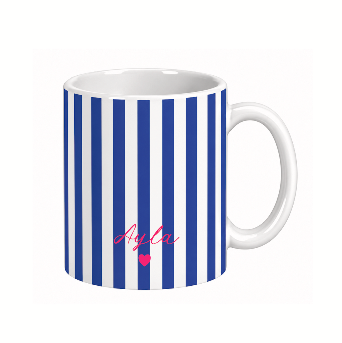 Personalisierte Keramiktasse mit Name – gestreifte Tasse mit Herz