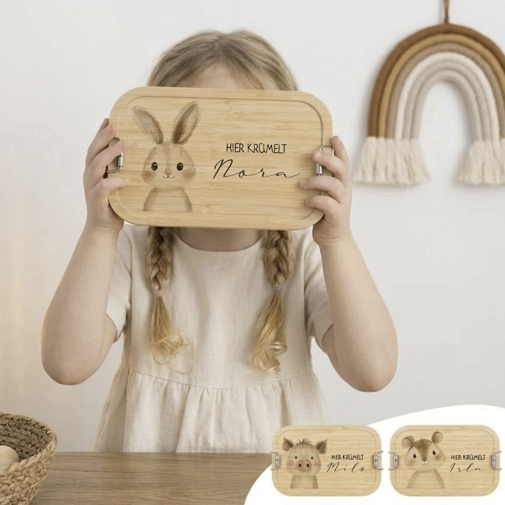 Brotdose mit Namen personalisiert Waldtiere | Lunchbox Kinder Kindergarten Schule S & M | Frühstücksdose Mädchen Jungen | Geschenk Einschulung