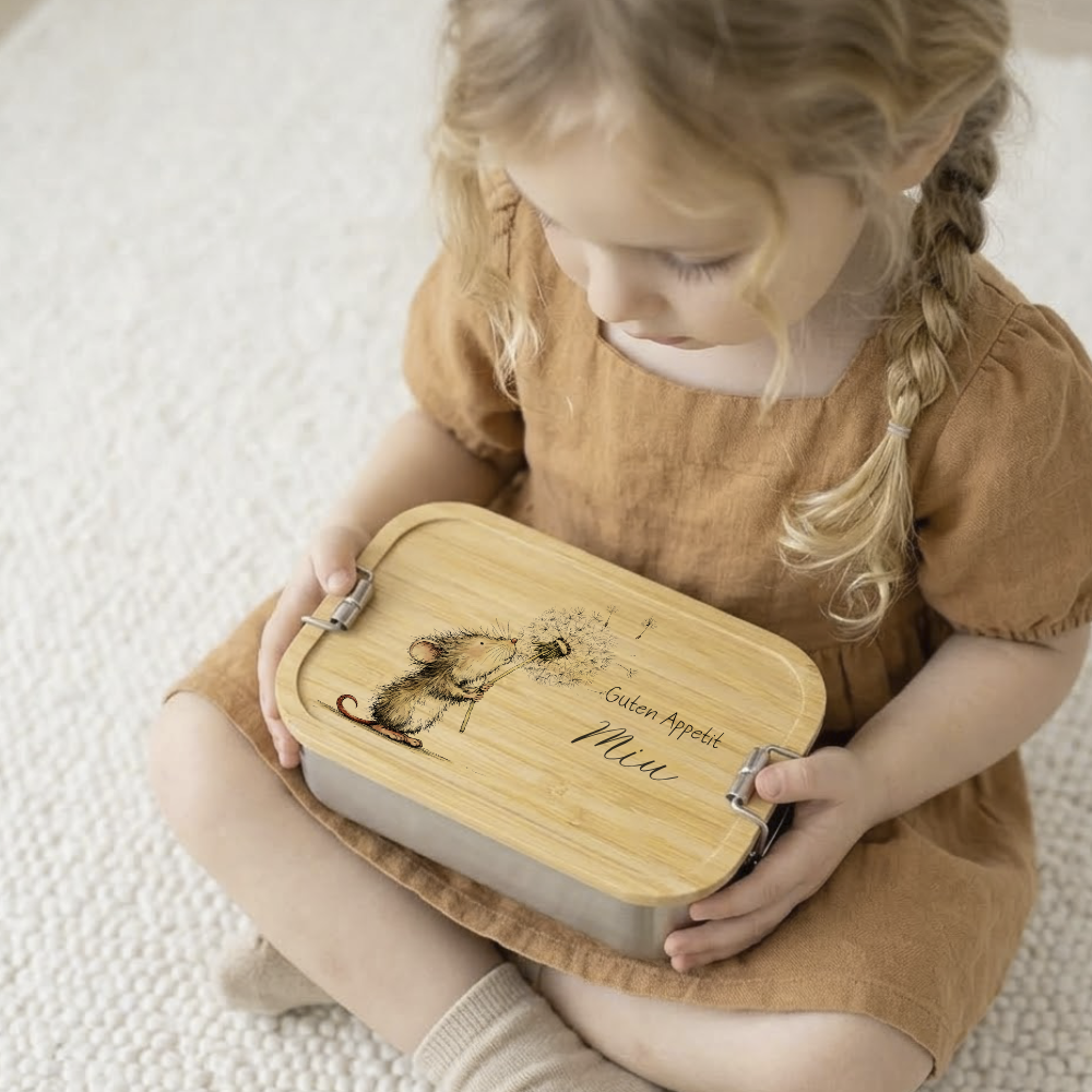 Personalisierte Kinder Brotdose mit Bambusdeckel – Süße Maus Motive im Boho-Stil – Edelstahl & Weißblech
