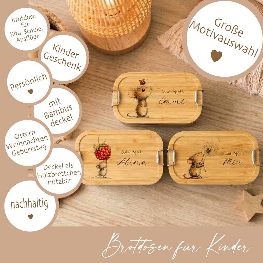Personalisierte Kinder Brotdose mit Bambusdeckel – Süße Maus Motive im Boho-Stil – Edelstahl & Weißblech