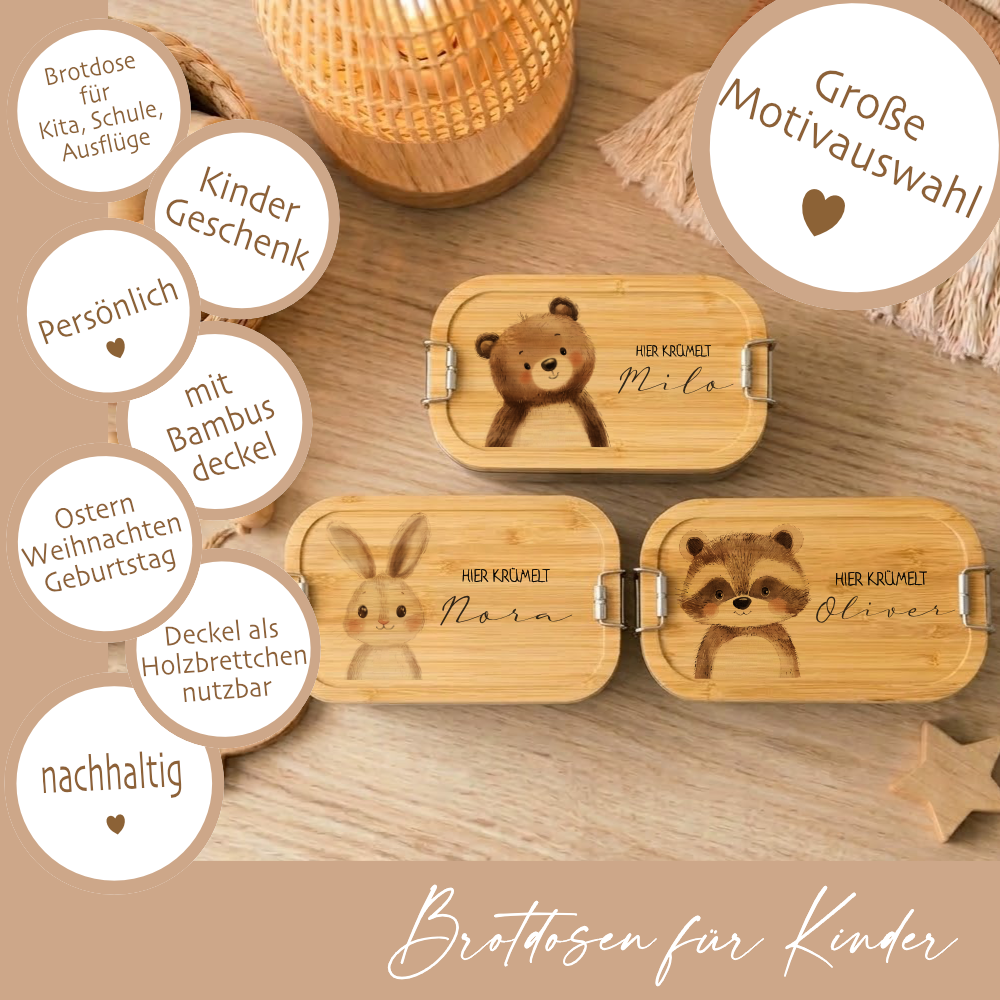 Brotdose mit Namen personalisiert Waldtiere | Lunchbox Kinder Kindergarten Schule S & M | Frühstücksdose Mädchen Jungen | Geschenk Einschulung